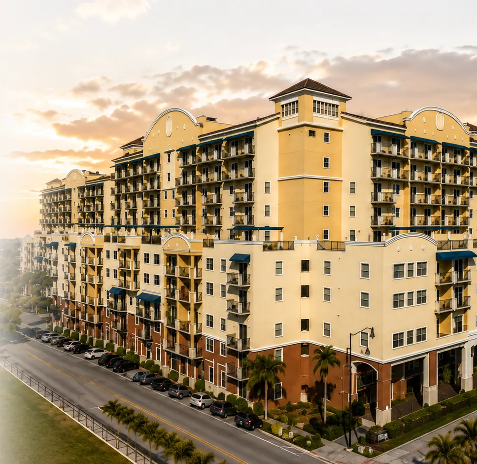The Colonnade at Dadeland in warm evening light, its yellow towers and blue awnings lining the street.